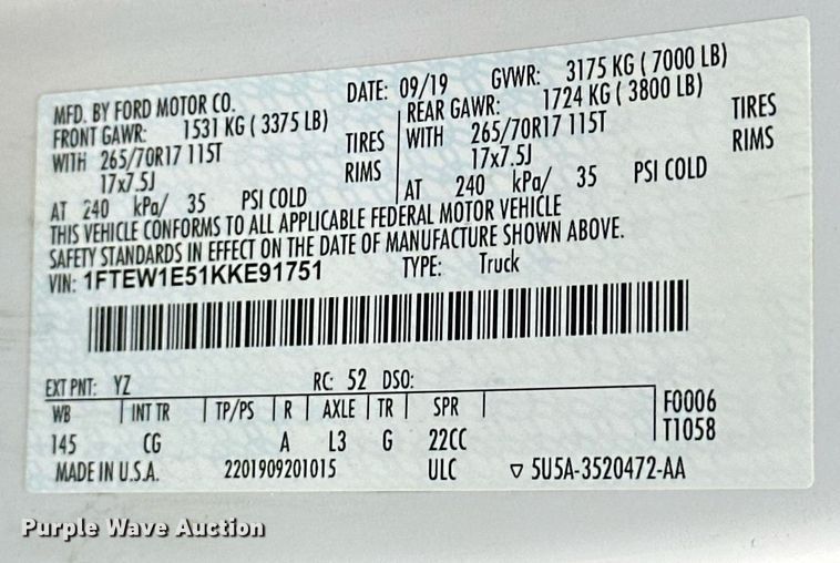 image for item NG9300 2019 Ford F150 SuperCrew pickup truck