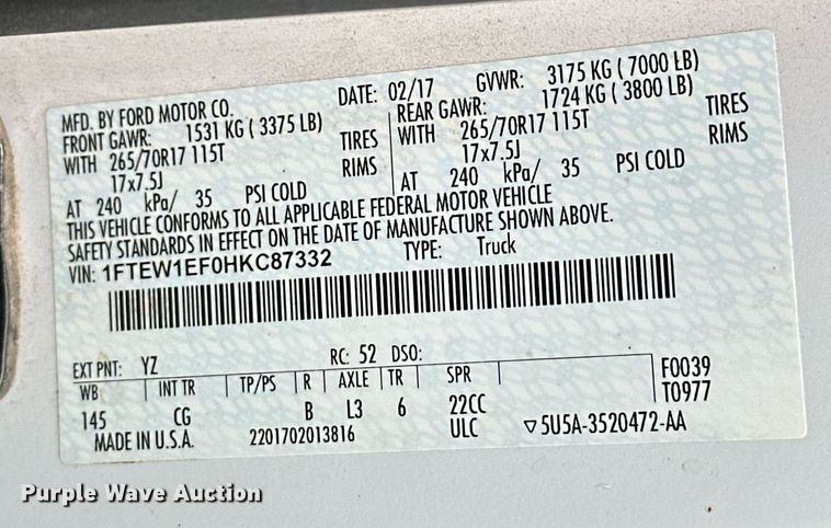 image for item NG9918 2017 Ford  F150 SuperCrew pickup truck