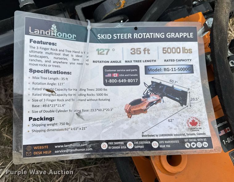 image for item DU9686 2024 LandHonor RG-11-5000G skid steer rotating grapple