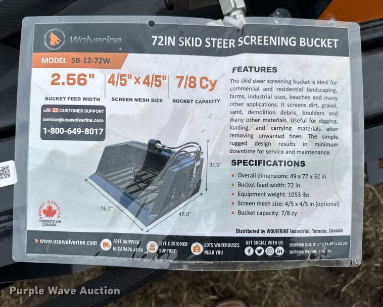 image for item DU9690 2024 Wolverine SB-12-72W skid steer screening bucket