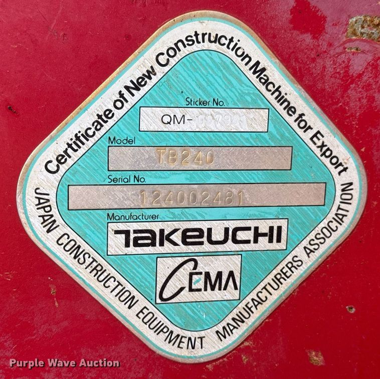 image for item DU9723 2017 Takeuchi TB240 mini excavator