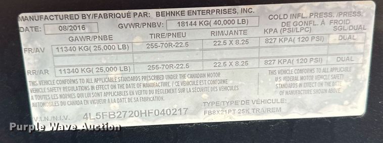 image for item DV0638 2017 Behnke Flatbed Trailer  equipment trailer