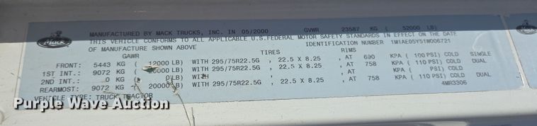 image for item DV1331 2001 Mack CX613 dump truck