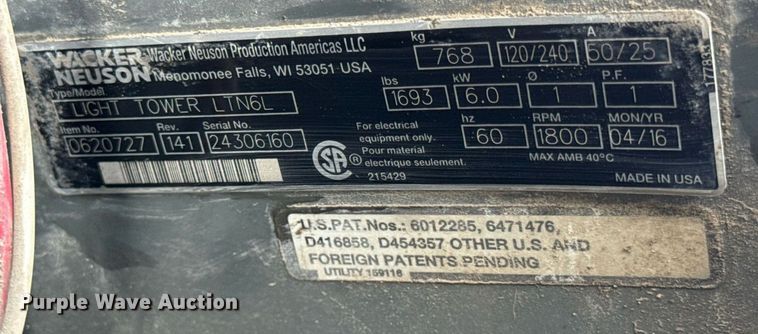 image for item DV1798 2016 Wacker Neuson LTN6L light plant