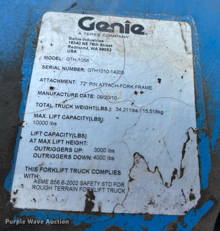 image for item DV1817 2010 Genie GTH-1056 telehandler