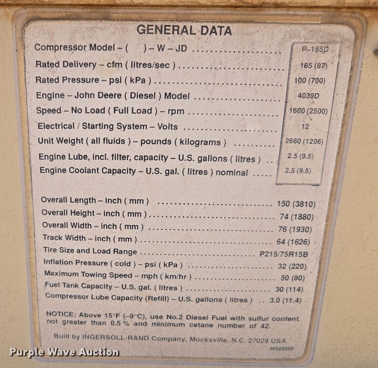 image for item EC0875 1994 Ingersoll-Rand P185DWJD air compressor