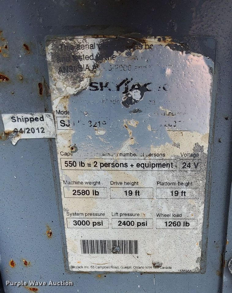image for item EH0190 2012 Skyjack  SJIII-3219 scissor lift