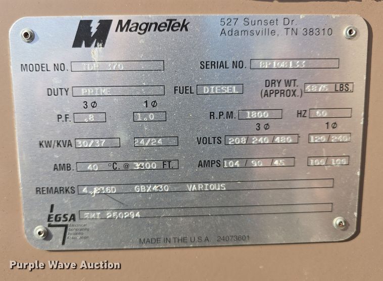 image for item EH8742 MagneTek TDR 370 generator