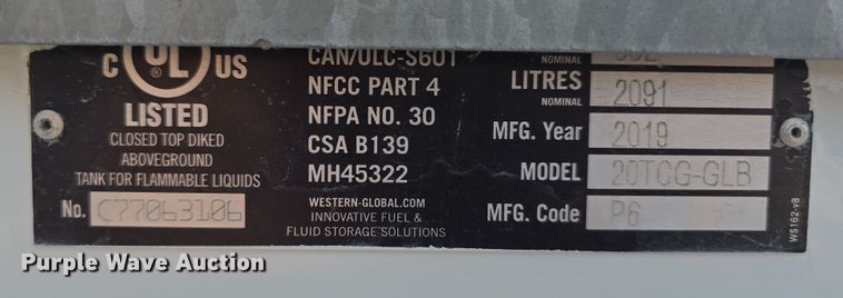 image for item EH8748 2019 Western Global Trans Cube 20TCG-GLB auxiliary fuel tank