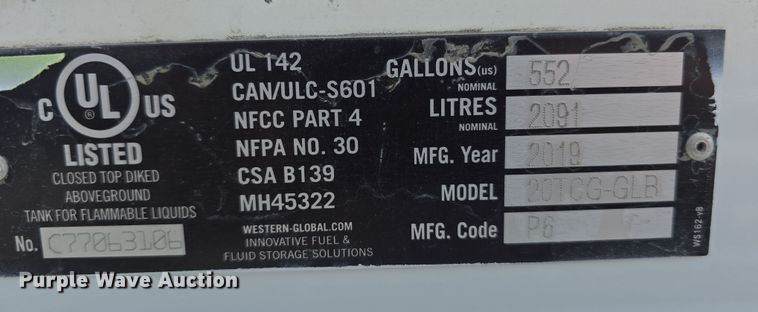 image for item EH8748 2019 Western Global Trans Cube 20TCG-GLB auxiliary fuel tank