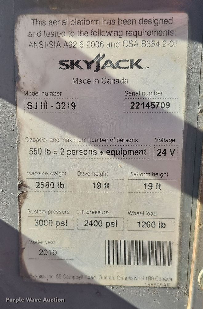 image for item EH8765 2019 SkyJack SJIII 3219 scissor lift