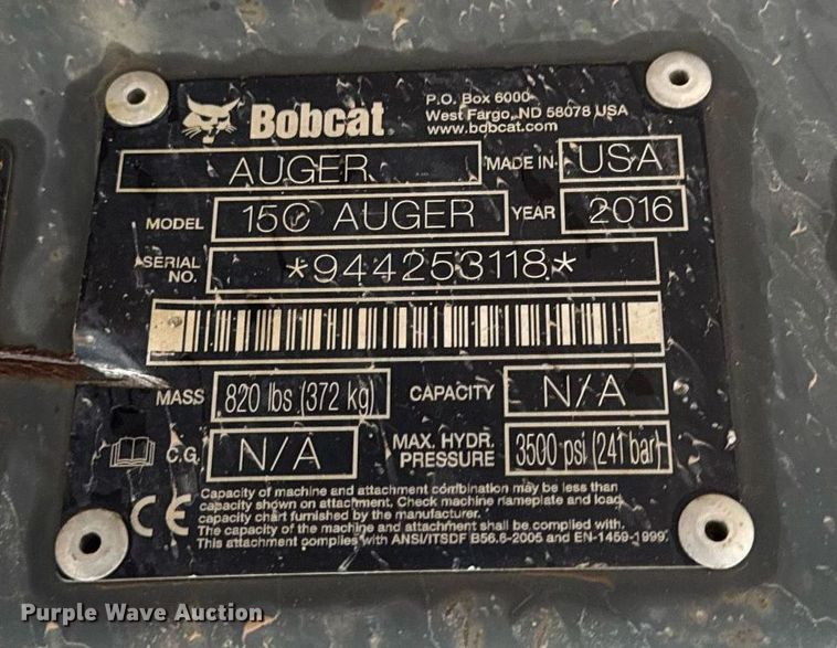 image for item EM3630 2016 Bobcat 15C Auger skid steer auger