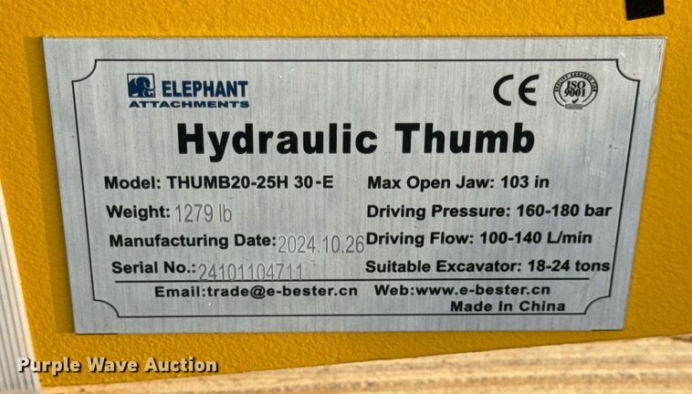 image for item EN5200 2024 Elephant Attachments THUMB20-25 30-E hydraulic thumb 