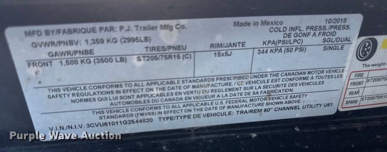 image for item EQ1089 2016 PJ 6010 utility trailer