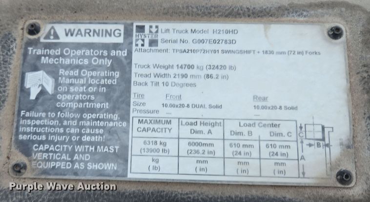 image for item EQ6877 2006 Hyster H210HD forklift