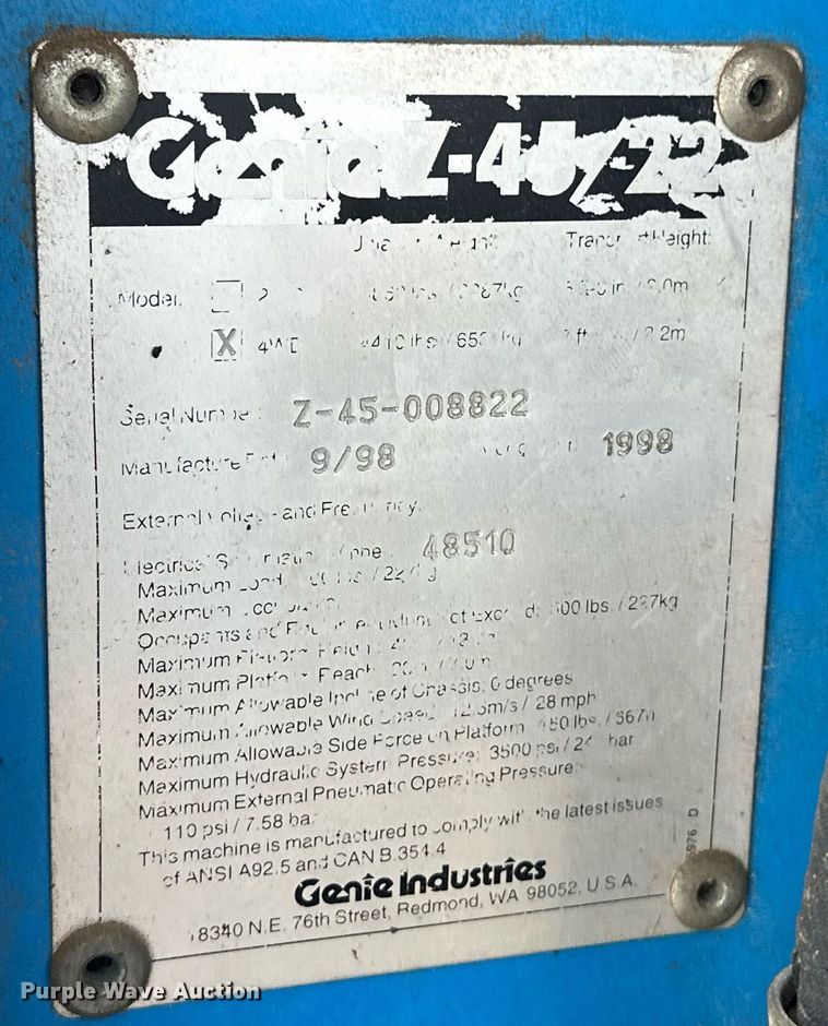 image for item ER8920 1999 Genie Z45/22 boom lift