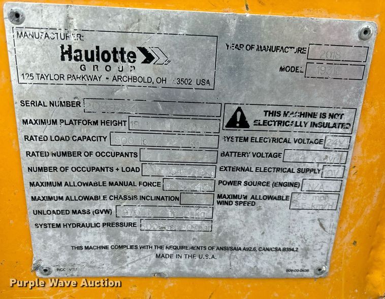 image for item YA0186 2018 Haulotte 1931E scissor lift