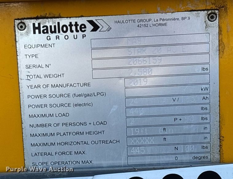 image for item YA0189 2019 Haulotte Star 20 AC E vertical lift