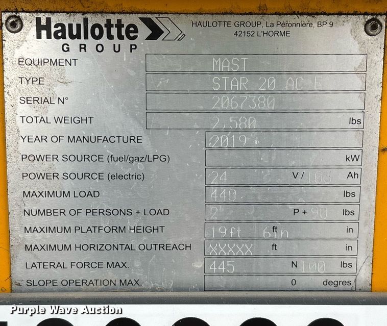 image for item YA0191 2019 Haulotte Star 20 AC E vertical lift