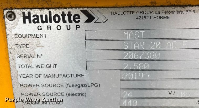 image for item YA0191 2019 Haulotte Star 20 AC E vertical lift