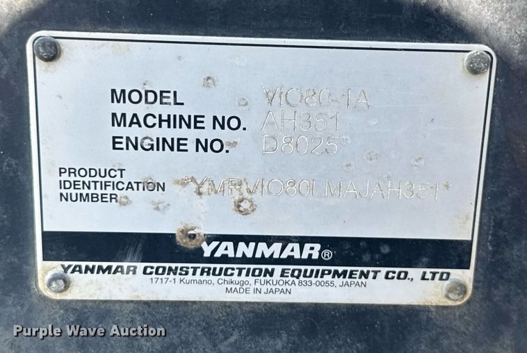 image for item YA0349 2020 Yanmar VIO80-1A mini excavator