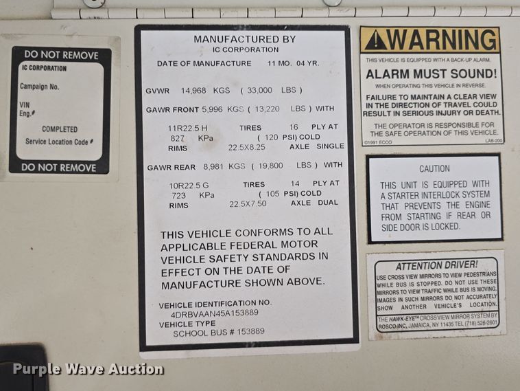 image for item DW3100 2005 IC Corporation PB20500 school bus
