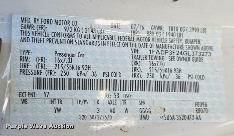 image for item DW3202 2016 Ford Focus  