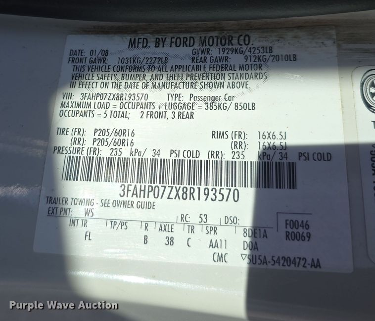 image for item DW3204 2008 Ford Fusion SE 