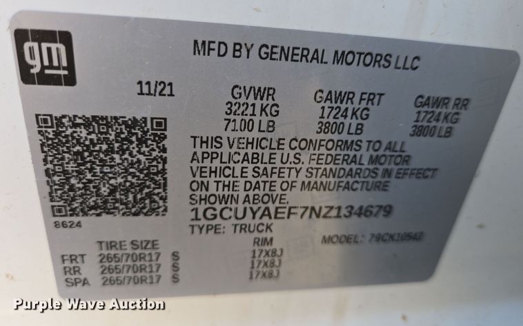 image for item EJ7355 2022 Chevrolet Silverado 1500 Crew Cab pickup truck