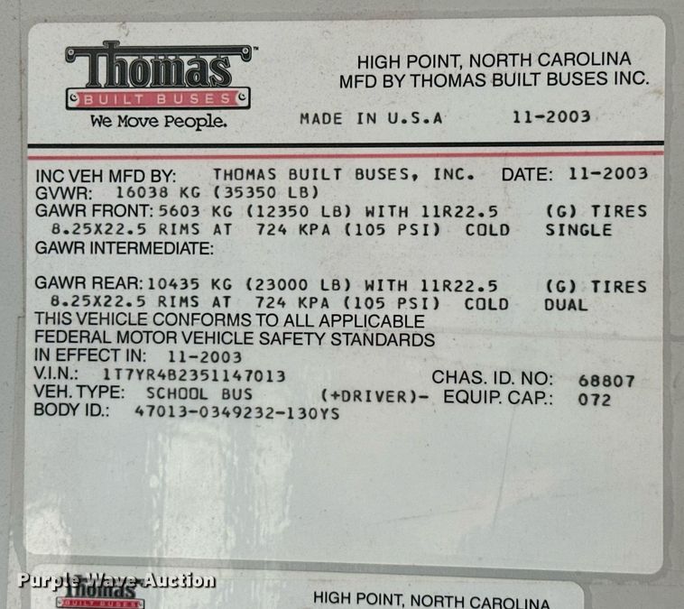 image for item EK0469 2005 Thomas Built Conventional coach bus