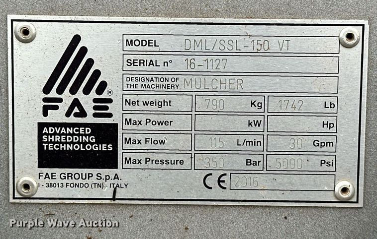 image for item EK0498 2016 FAE DML SSL-150 VT skid steer mulcher