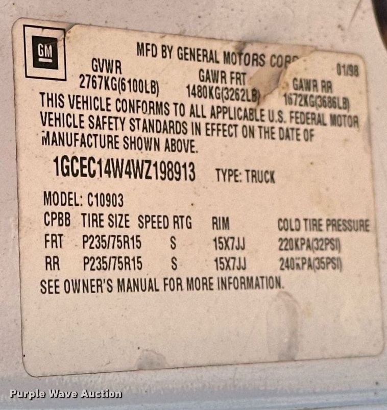 image for item EK0550 1998 Chevrolet C1500 pickup truck