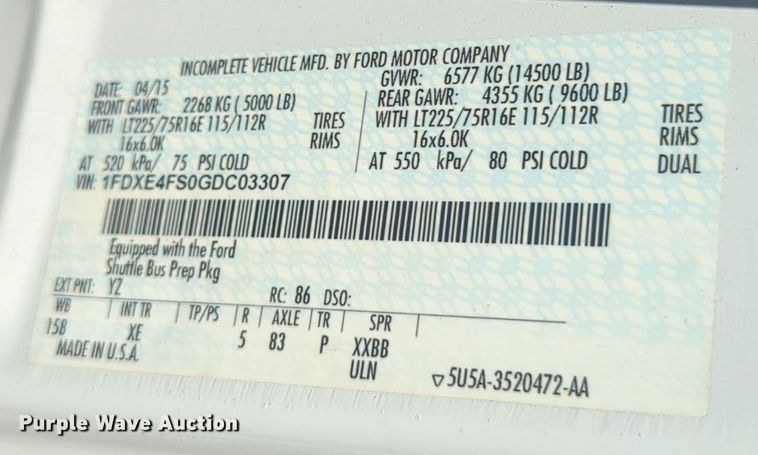 image for item EQ2212 2016 Ford Econoline E450 shuttle bus