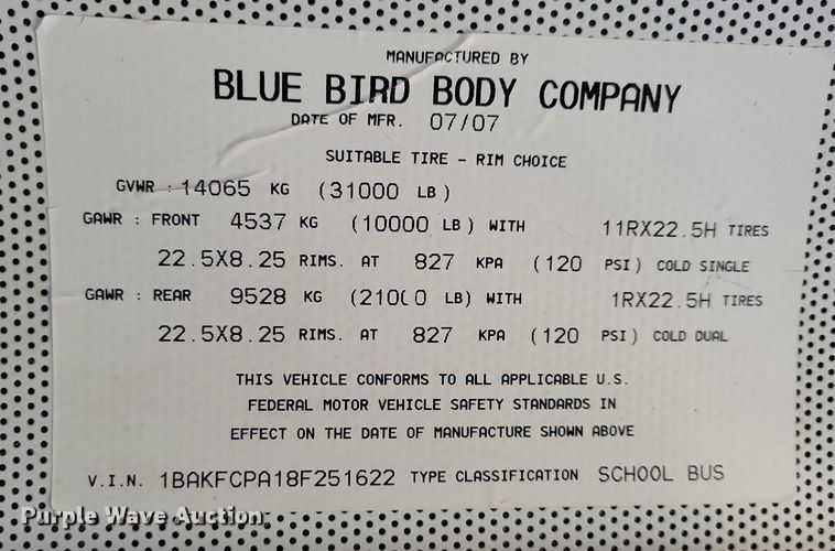 image for item NB9869 2008 Bluebird school bus