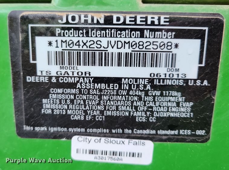 image for item NB9923 2013 John Deere Gator TS utility vehicle