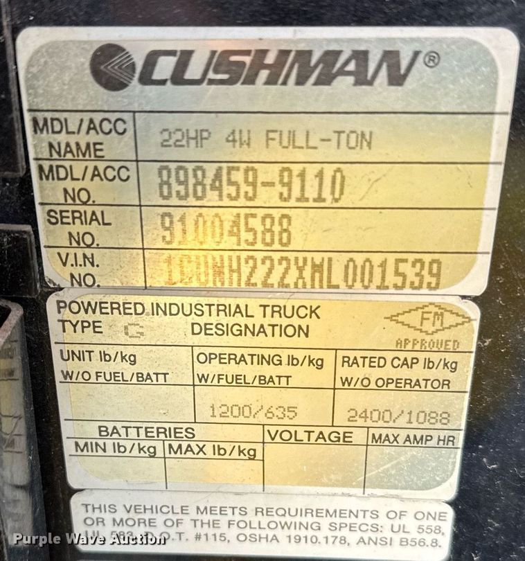 image for item NN9728 1991 Cushman Truckster utility vehicle