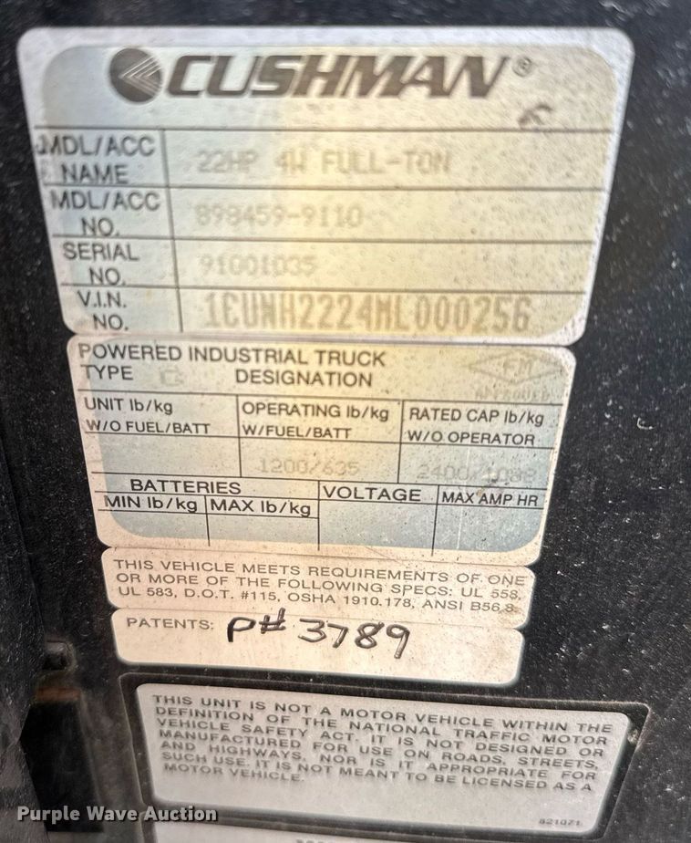 image for item NN9729 1991 Cushman Truckster utility vehicle