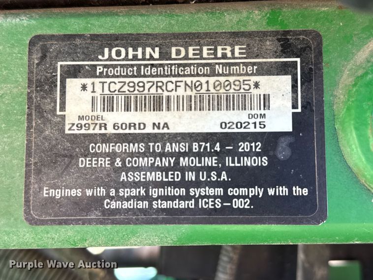 image for item EJ3529 2015 John Deere Z997R ZTR lawn mower
