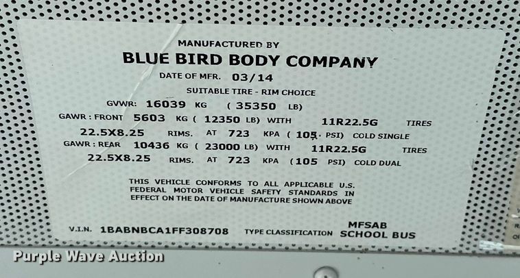 image for item EK0471 2015 Blue Bird All American school bus