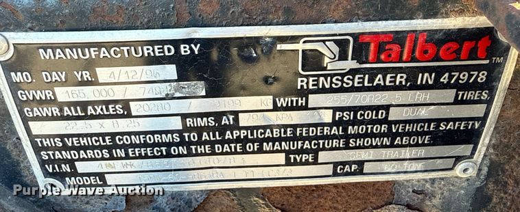 image for item DS3650 1996 Talbert 60T lowboy beam trailer