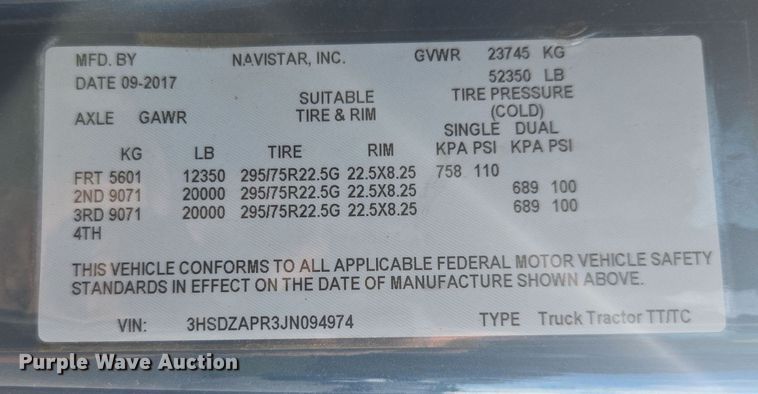 image for item DW1859 2018 International LT625 semi truck