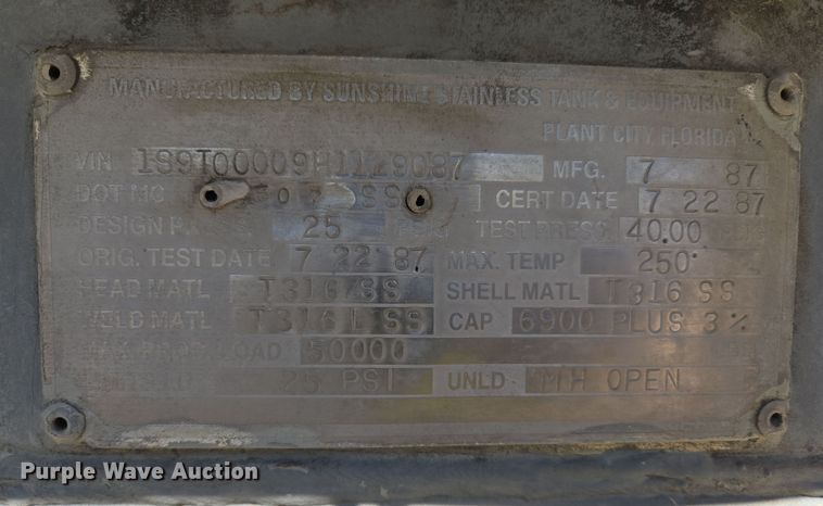 image for item DW8513 1987 Sunshine Stainless Tank & Equipment tank trailer