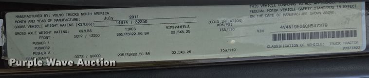 image for item EC0878 2012 Volvo VNL dump truck