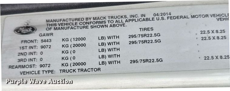 image for item ED5561 2015 Mack CXU613 semi truck