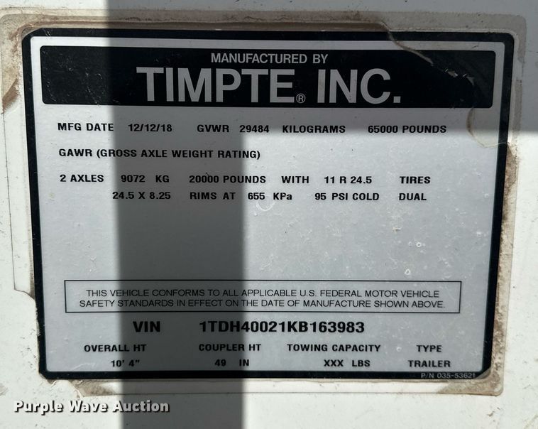 image for item EK0521 2019 Timpte grain trailer