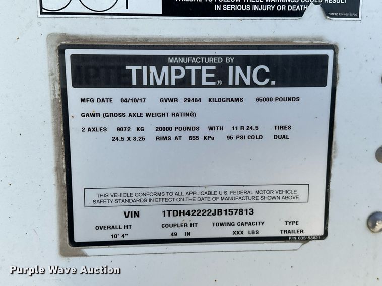 image for item EK0522 2018 Timpte Super Hopper grain trailer