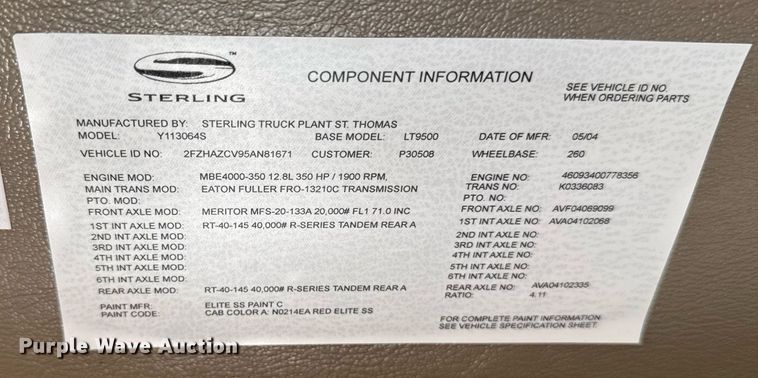 image for item EM3582 2005 Sterling LT9500 truck cab and chassis