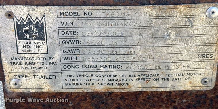 image for item EQ1194 2003 Trail King TK60MG-482 lowboy equipment trailer