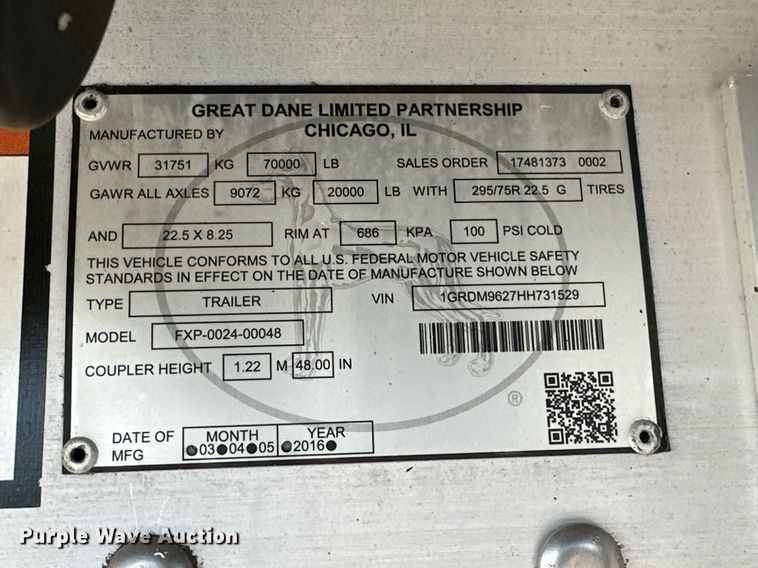 image for item ER8905 2017 Great Dane FXP-0024-00048 flatbed trailer