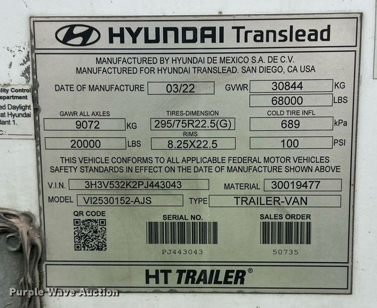image for item YA0011 2023 Hyundai Translead dry van trailer